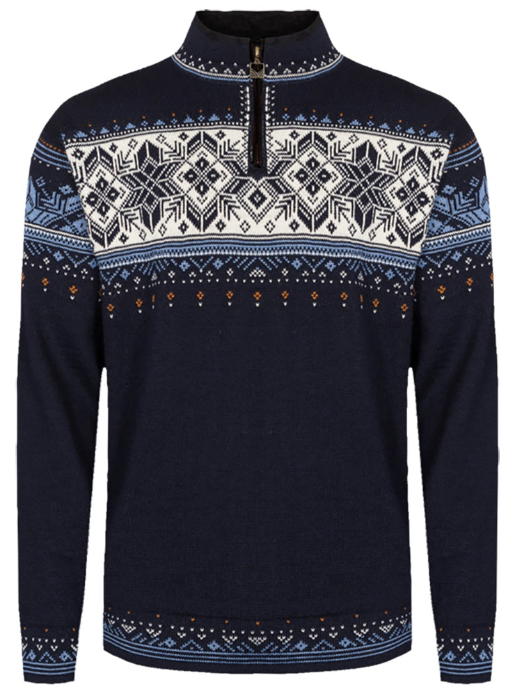 Dale of Norway Blyfjell Men's Knit Sweater in Navy, made from 100% Norwegian wool with a traditional Nordic pattern.