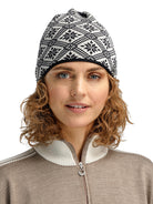 Dale of Norway Christiania Hat in Black Offwhite featuring a classic Norwegian-inspired knit pattern.