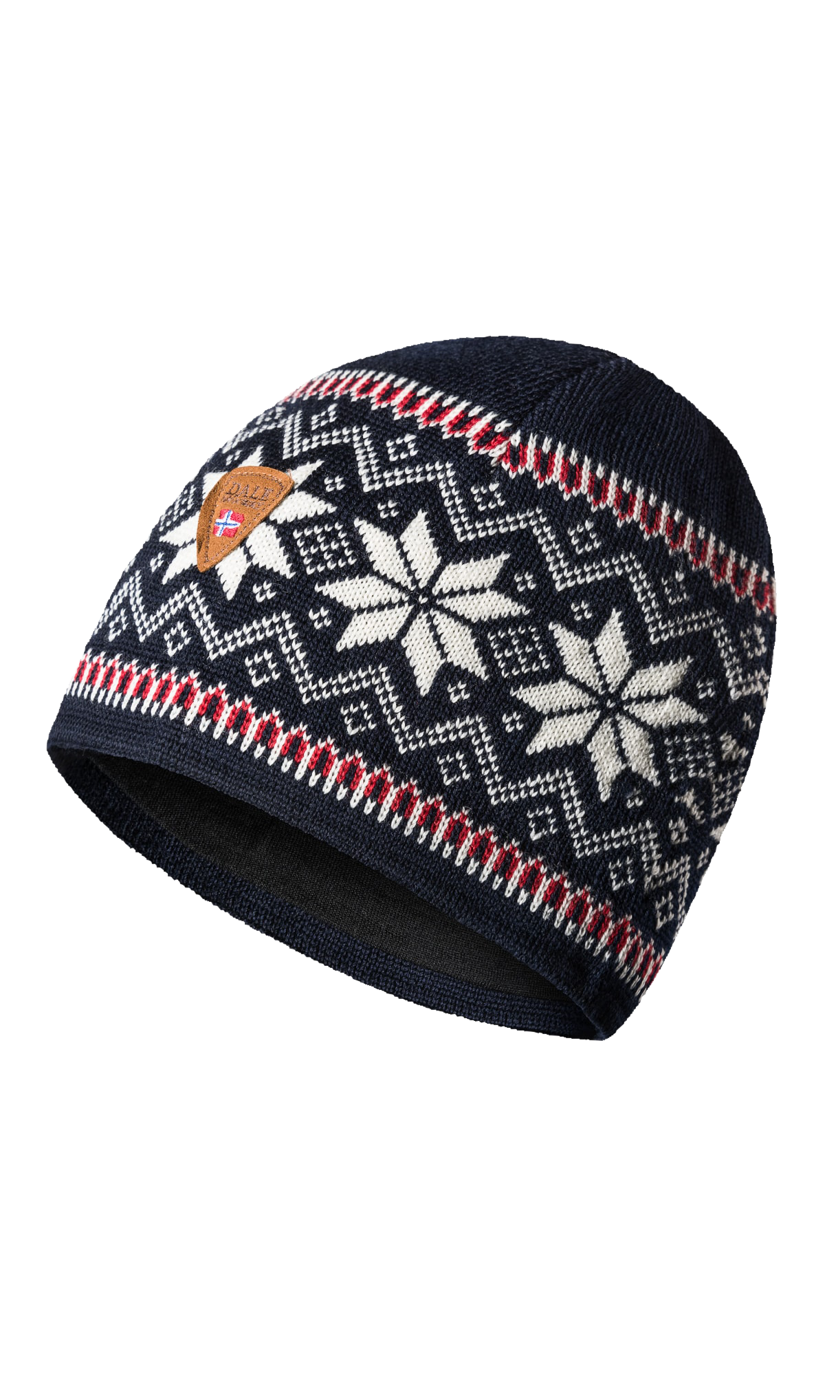 A navy Dale of Norway Garmisch Hat with a white geometric snowflake pattern that is made from 100% Merino Wool.