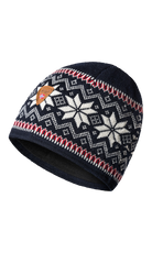 A navy Dale of Norway Garmisch Hat with a white geometric snowflake pattern that is made from 100% Merino Wool.