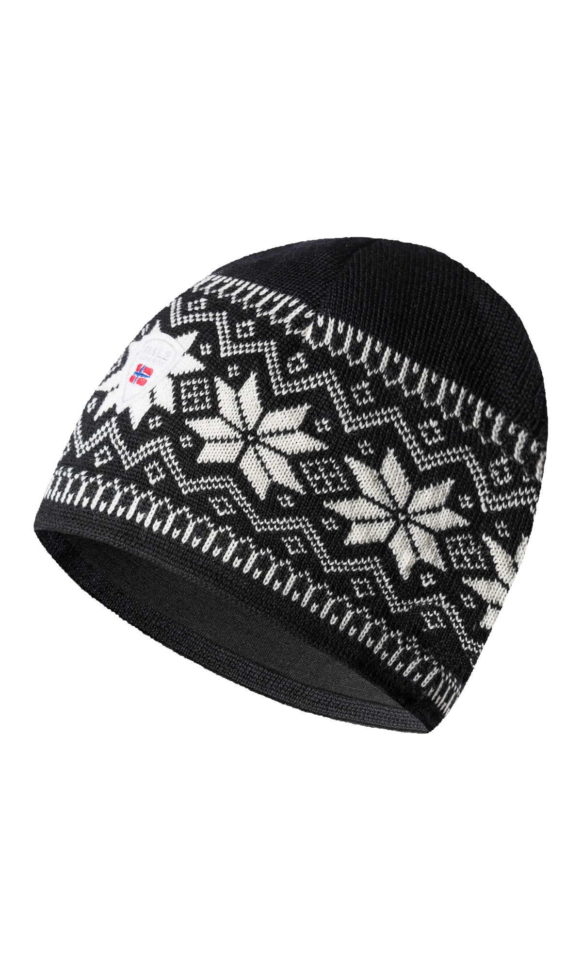 A black Dale of Norway Garmisch Hat with a white geometric snowflake pattern that is made from 100% Merino Wool.
