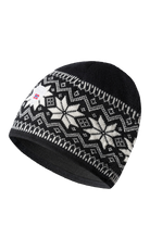 A black Dale of Norway Garmisch Hat with a white geometric snowflake pattern that is made from 100% Merino Wool.