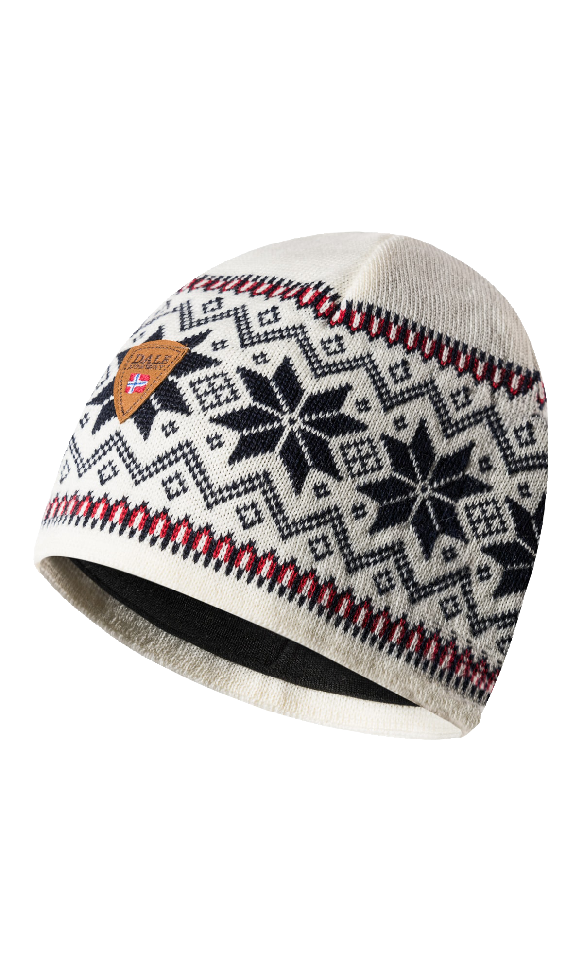 A white Dale of Norway Garmisch Hat with a black geometric snowflake pattern that is made from 100% Merino Wool.