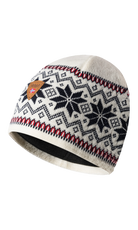 A white Dale of Norway Garmisch Hat with a black geometric snowflake pattern that is made from 100% Merino Wool.