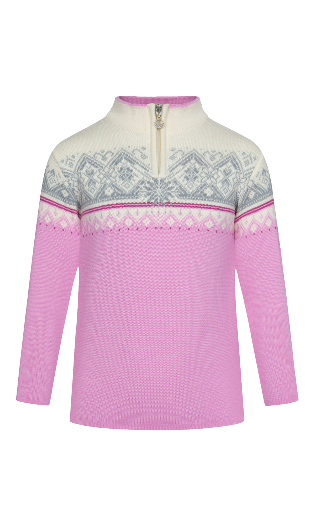 A light pink Dale of Norway Kids Moritz Sweater that is made from 100% skin-soft Zefir wool that offers natural odour resistance, anti-pilling properties, and will hold its shape and colour year after year.
