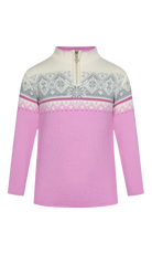 A light pink Dale of Norway Kids Moritz Sweater that is made from 100% skin-soft Zefir wool that offers natural odour resistance, anti-pilling properties, and will hold its shape and colour year after year.
