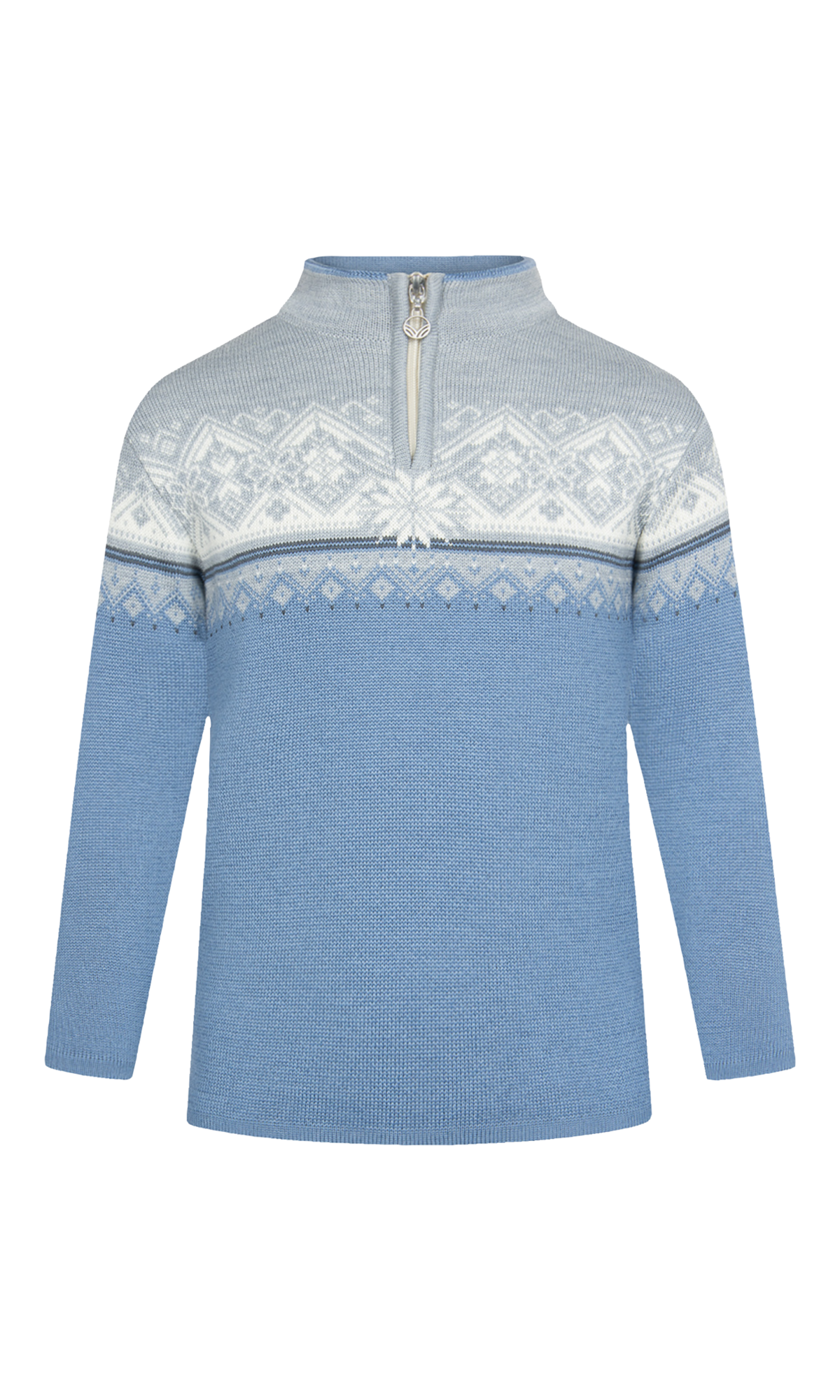 A light blue Dale of Norway Kids Moritz Sweater that is made from 100% skin-soft Zefir wool that offers natural odour resistance, anti-pilling properties, and will hold its shape and colour year after year.