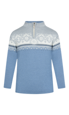 A light blue Dale of Norway Kids Moritz Sweater that is made from 100% skin-soft Zefir wool that offers natural odour resistance, anti-pilling properties, and will hold its shape and colour year after year.