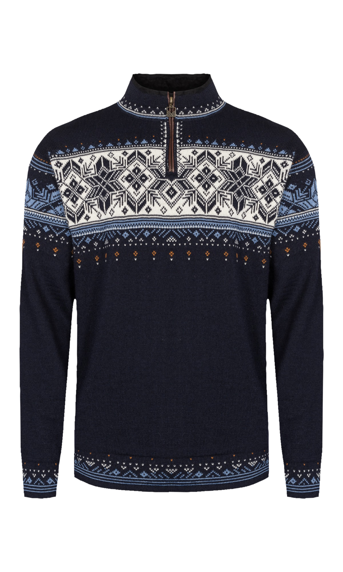 A navy Dale of Norway Blyfjell Men's Sweater that is made in Norway from luxurious Norweigan merino wool and features a geometric snowflake pattern.