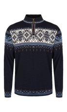 A navy Dale of Norway Blyfjell Men's Sweater that is made in Norway from luxurious Norweigan merino wool and features a geometric snowflake pattern.
