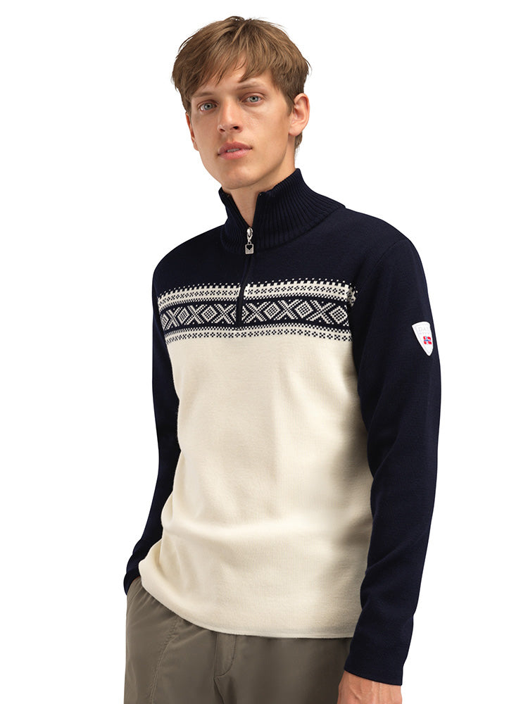 Dale of Norway Men's Dalestølen Merino Wool Sweater in Offwhite Navy with classic Norwegian Cortina-inspired pattern.