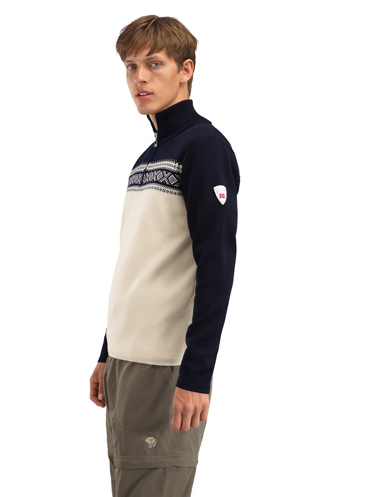 Dale of Norway Men's Dalestølen Merino Wool Sweater in Offwhite Navy with classic Norwegian Cortina-inspired pattern.
