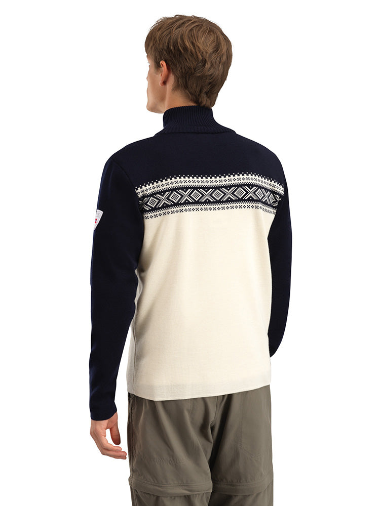Dale of Norway Men's Dalestølen Merino Wool Sweater in Offwhite Navy with classic Norwegian Cortina-inspired pattern.