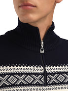 Dale of Norway Men's Dalestølen Merino Wool Sweater in Offwhite Navy with classic Norwegian Cortina-inspired pattern.