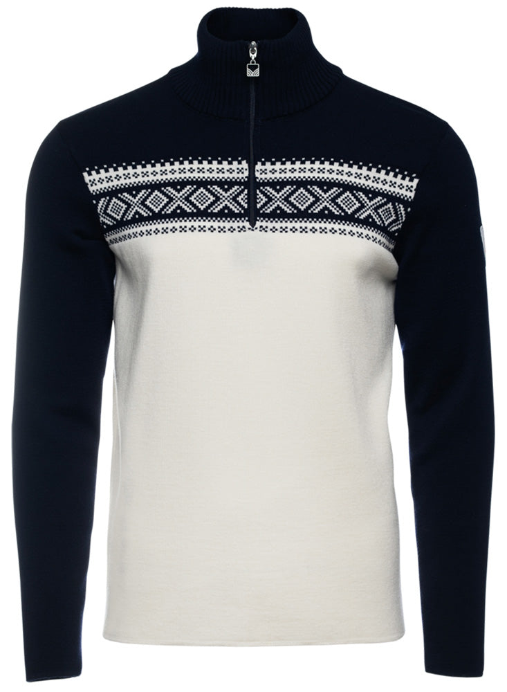 Dale of Norway Men's Dalestølen Merino Wool Sweater in Offwhite Navy with classic Norwegian Cortina-inspired pattern.