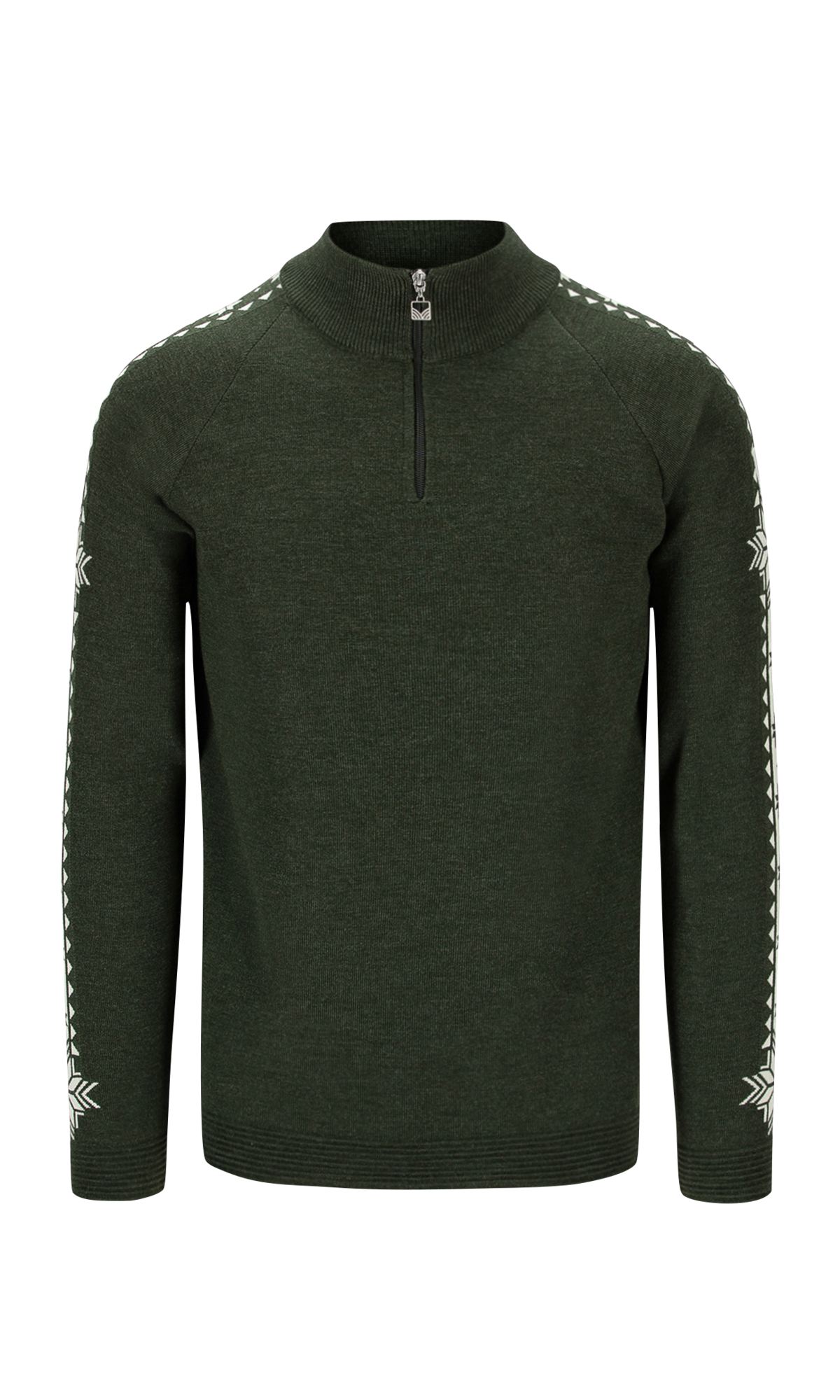 A green Dale of Norway Geilo Men's Sweater that is made from luxurious 100% Norweigan merino wool and features an off-white geometric snowflake pattern on the sleeves.