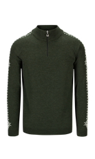 A green Dale of Norway Geilo Men's Sweater that is made from luxurious 100% Norweigan merino wool and features an off-white geometric snowflake pattern on the sleeves.