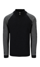 A black and grey Dale of Norway Geilo Men's Sweater that is made from luxurious 100% Norweigan merino wool and features a black geometric snowflake pattern on the sleeves.