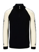 A black and off-white Dale of Norway Geilo Men's Sweater that is made from luxurious 100% Norweigan merino wool and features a black geometric snowflake pattern on the sleeves.