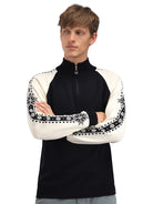 Dale of Norway Men's Geilo Sweater in Black Offwhite, a sporty Norwegian quarter-zip sweater made from 100% skin-soft merino wool.