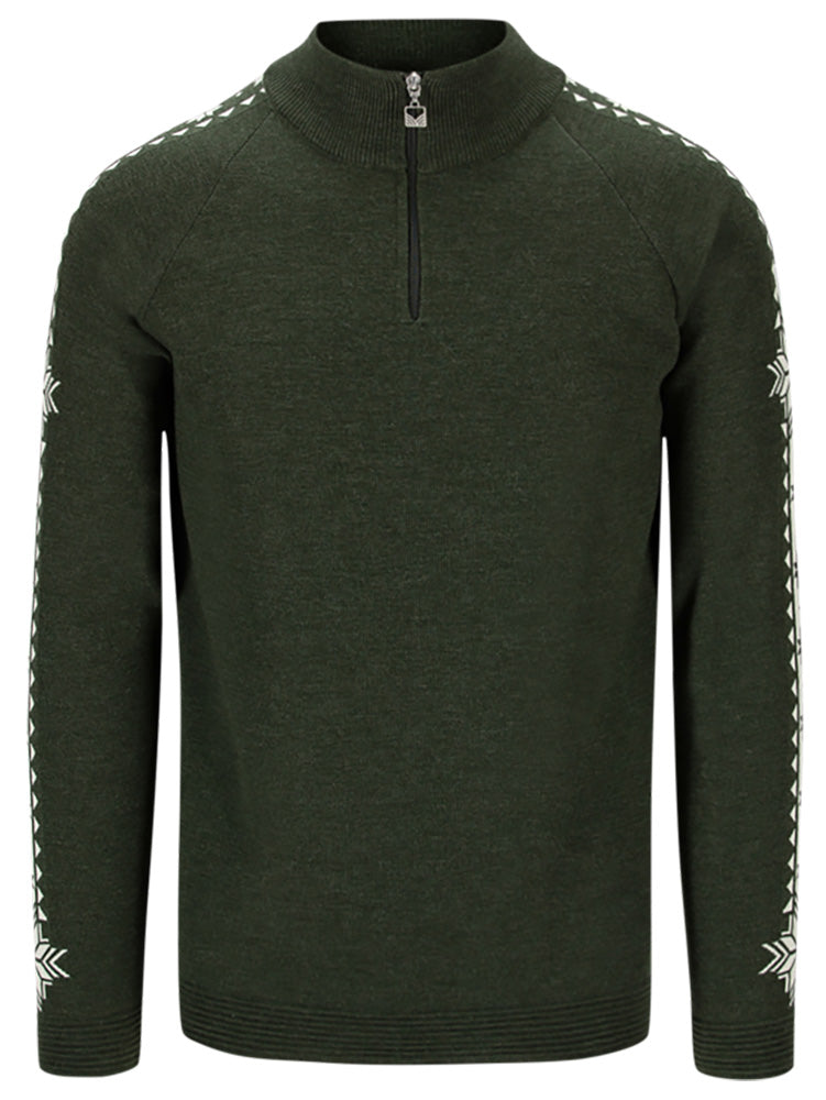 Dale of Norway Men's Geilo Sweater in Darkgreen Offwhite, a sporty Norwegian quarter-zip sweater made from 100% skin-soft merino wool.