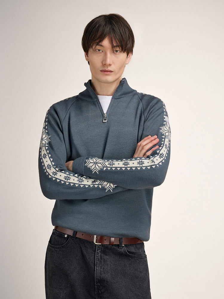 Dale of Norway Men's Geilo Sweater in Steel Offwhite, a sporty Norwegian quarter-zip sweater made from 100% skin-soft merino wool.