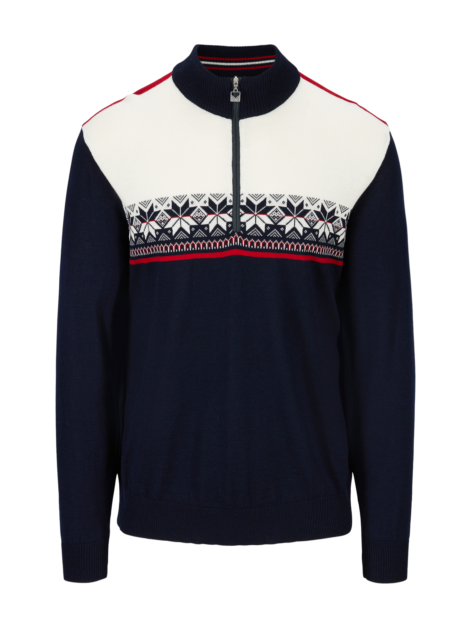 A navy and off-white Dale of Norway Men's Liberg Sweater that is made from luxurious 100% Norweigan merino wool which highlights the geometric snowflake pattern with red trim.