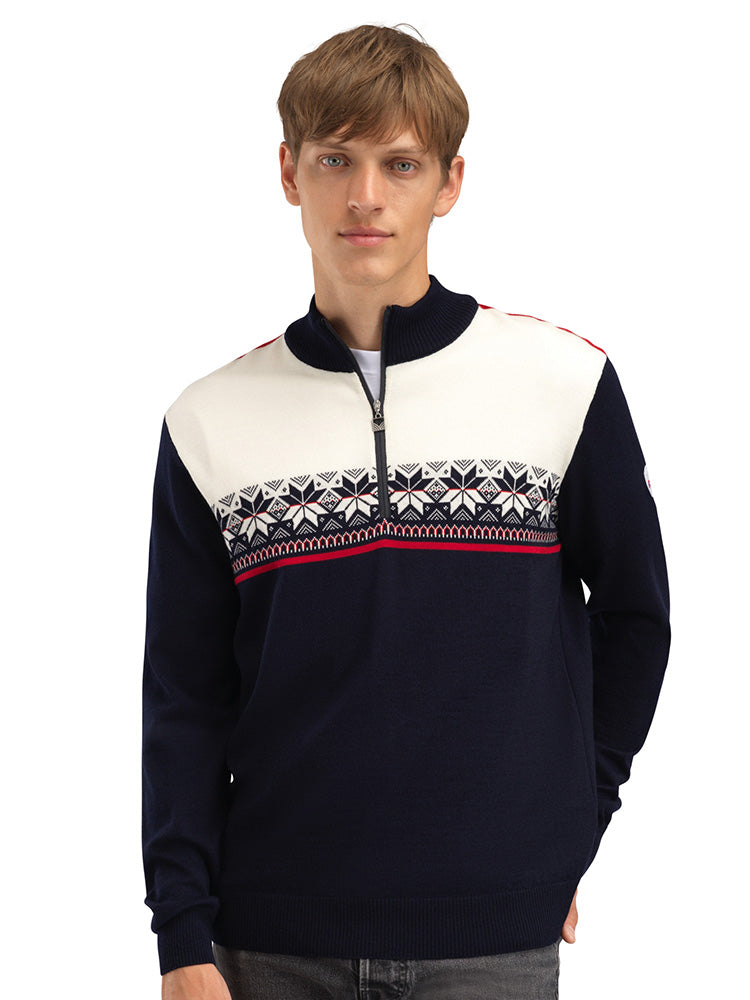 Dale of Norway Men's Liberg Sweater in Offwhite Raspberry featuring classic Norwegian-inspired styling and a quarter-zip neckline.
