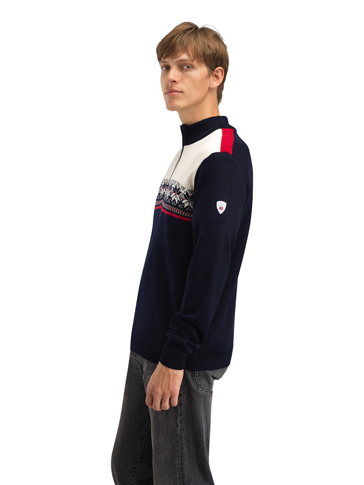 Dale of Norway Men's Liberg Sweater in Offwhite Raspberry featuring classic Norwegian-inspired styling and a quarter-zip neckline.