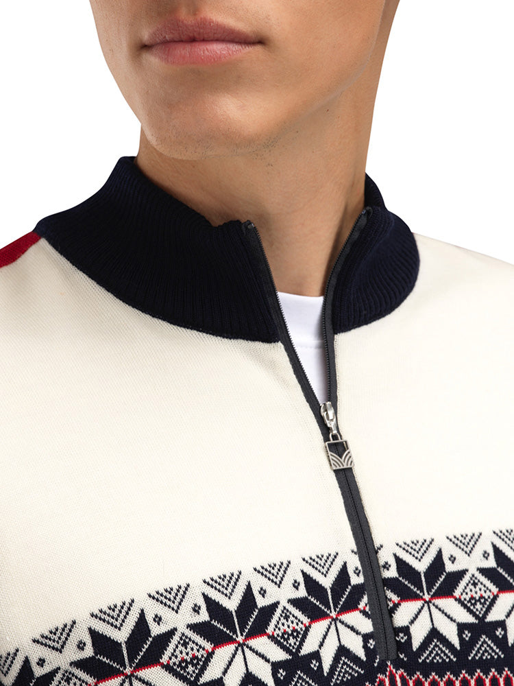 Dale of Norway Men's Liberg Sweater in Offwhite Raspberry featuring classic Norwegian-inspired styling and a quarter-zip neckline.