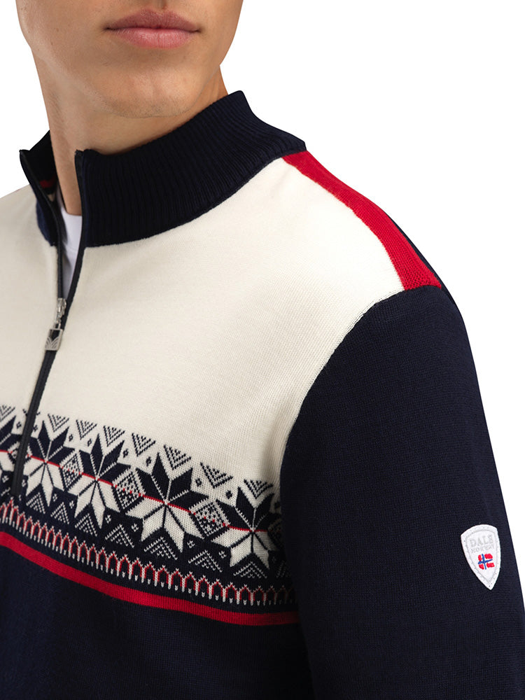 Dale of Norway Men's Liberg Sweater in Offwhite Raspberry featuring classic Norwegian-inspired styling and a quarter-zip neckline.