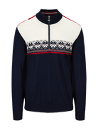 Dale of Norway Men's Liberg Sweater in Offwhite Raspberry featuring classic Norwegian-inspired styling and a quarter-zip neckline.