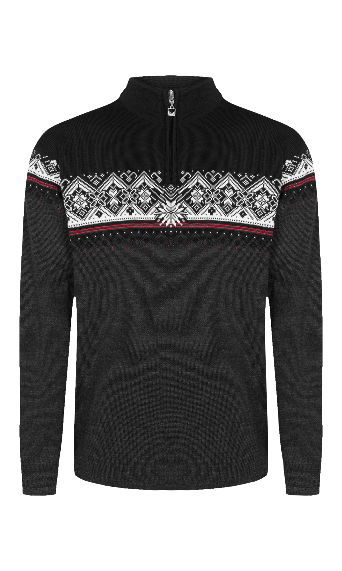 A grey and black Dale of Norway Moritz Men's Sweater that is made from luxurious 100% Norweigan merino wool.