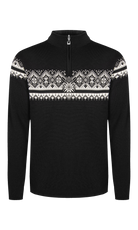 A black and white Dale of Norway Moritz Men's Sweater that is made from luxurious 100% Norweigan merino wool.