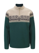 A green and off-white Dale of Norway Moritz Men's Sweater that is made from luxurious 100% Norweigan merino wool.