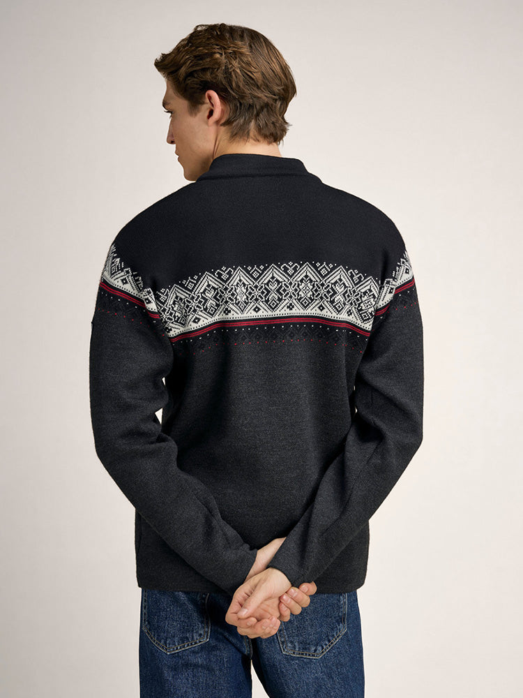 Dale of Norway Men's Moritz Sweater in Darkcharcoal Raspberry Black, a classic Norwegian ski sweater made from 100% merino wool.
