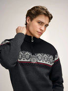 Dale of Norway Men's Moritz Sweater in Darkcharcoal Raspberry Black, a classic Norwegian ski sweater made from 100% merino wool.