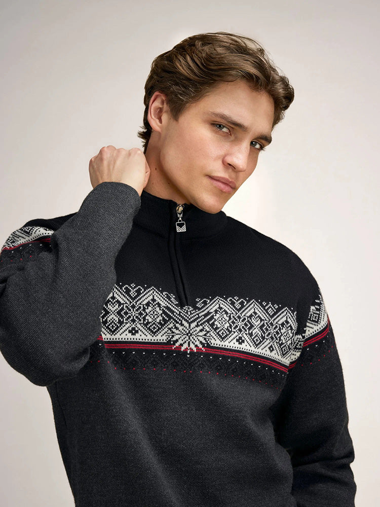 Dale of Norway Men's Moritz Sweater in Darkcharcoal Raspberry Black, a classic Norwegian ski sweater made from 100% merino wool.