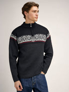 Dale of Norway Men's Moritz Sweater in Darkcharcoal Raspberry Black, a classic Norwegian ski sweater made from 100% merino wool.
