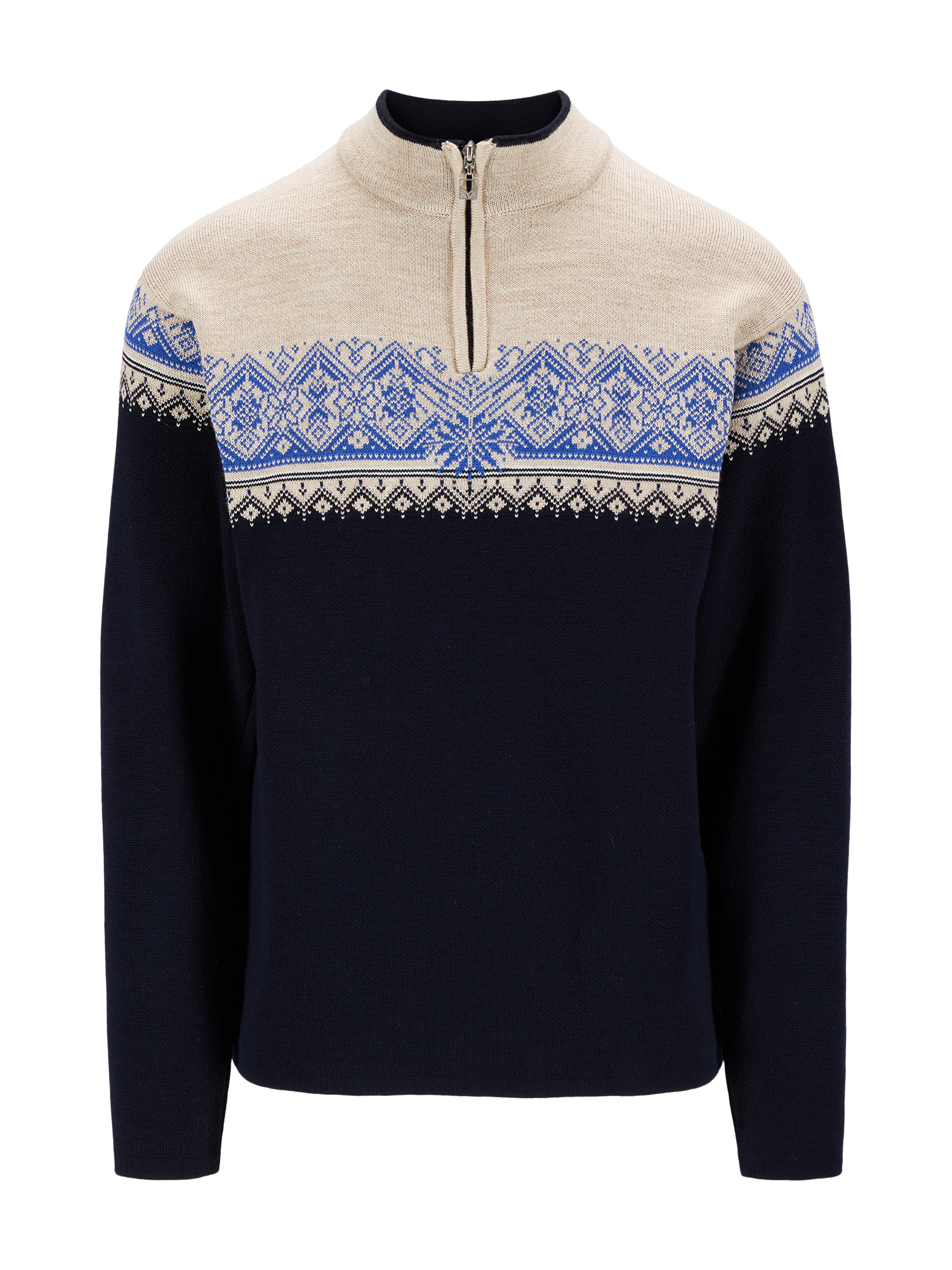 Dale of Norway Men's Moritz Sweater in Marine Sandstone, a classic Norwegian ski sweater made from 100% merino wool.