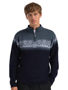 Dale of Norway Men's Moritz Sweater in Marine Steel Ice, a classic Norwegian ski sweater made from 100% merino wool.