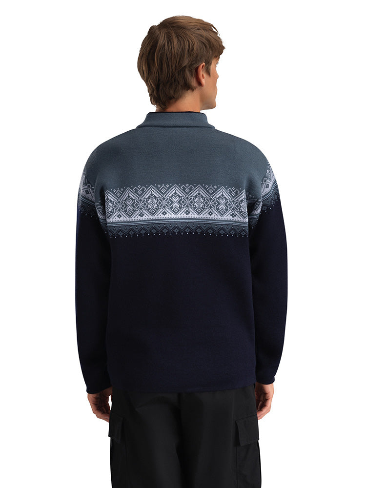 Dale of Norway Men's Moritz Sweater in Marine Steel Ice, a classic Norwegian ski sweater made from 100% merino wool.