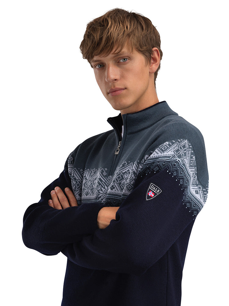 Dale of Norway Men's Moritz Sweater in Marine Steel Ice, a classic Norwegian ski sweater made from 100% merino wool.