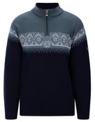 Dale of Norway Men's Moritz Sweater in Marine Steel Ice, a classic Norwegian ski sweater made from 100% merino wool.