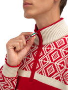 Dale of Norway Men's Team Norway Cortina Sweater in Raspberry Offwhite featuring the iconic Norwegian Cortina pattern.