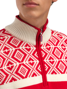 Dale of Norway Men's Team Norway Cortina Sweater in Raspberry Offwhite featuring the iconic Norwegian Cortina pattern.
