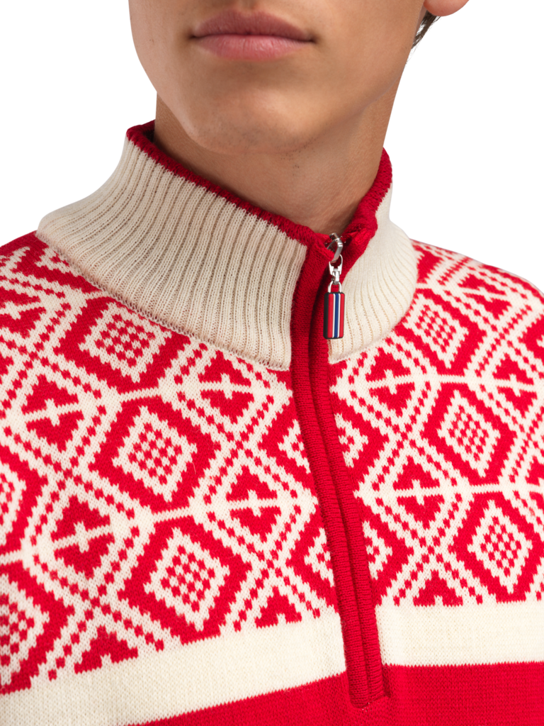 Dale of Norway Men's Team Norway Cortina Sweater in Raspberry Offwhite featuring the iconic Norwegian Cortina pattern.