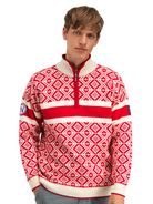 Dale of Norway Men's Team Norway Cortina Sweater in Raspberry Offwhite featuring the iconic Norwegian Cortina pattern.
