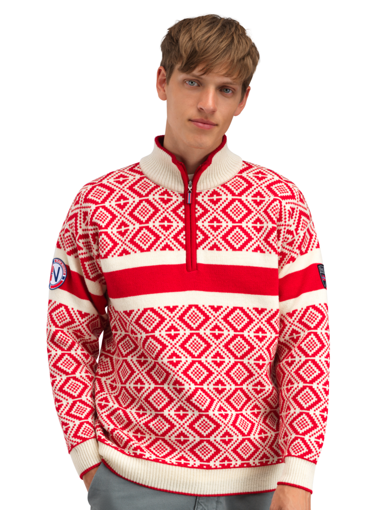 Dale of Norway Men's Team Norway Cortina Sweater in Raspberry Offwhite featuring the iconic Norwegian Cortina pattern.
