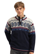 Dale of Norway Men's Vail Sweater in Midnightnavy Redrose Offwhite with traditional Norwegian pattern and quarter-zip neckline.